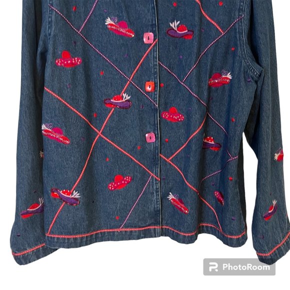 Carrie Allen Blue Jean Jacket Women Large Red Hat Society Beaded Red Hats Embroi - Picture 3 of 10